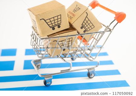 Box with shopping online cart logo and Greece flag, Import Export Shopping online or commerce finance delivery service store product shipping, trade, supplier. Box with shopping online cart logo and Greece flag, Import Export Shopping online or commerce finance delivery service store product shipping, trade, supplier. 117050092