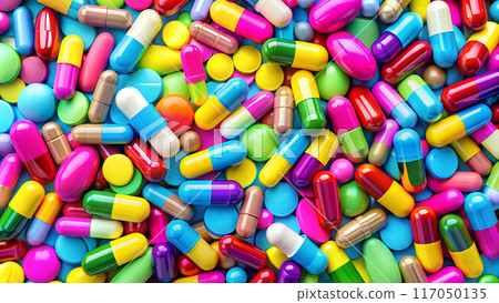 Multi-colored tablets and capsules top view, background 117050135