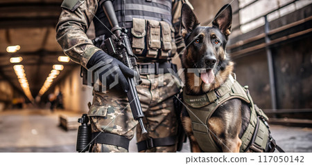 German Shepherd next to a military soldier during a combat mission German Shepherd next to a military soldier during a combat mission 117050142
