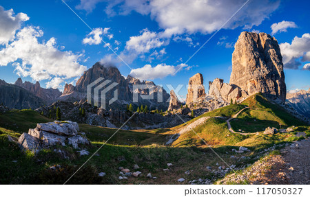 Panorama of Cinque Torri mountain peak at sunset, Dolomites Alps, Italy Panorama of Cinque Torri mountain peak at sunset, Dolomites Alps, Italy 117050327