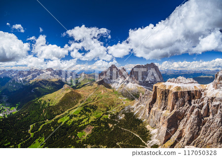 Aerial view of Sass Pordoi Mountain, Dolomites, Italy 117050328