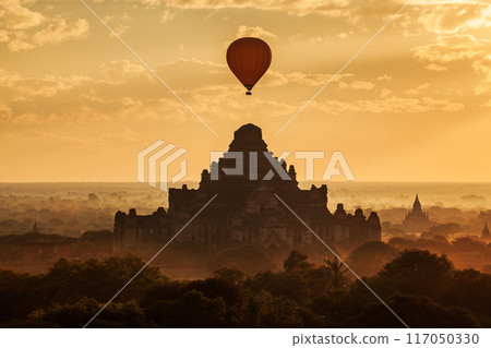 Silhouette Balloon over Dhammayangyi temple at sunrise, Bagan, Myanmar Silhouette Balloon over Dhammayangyi temple at sunrise, Bagan, Myanmar 117050330
