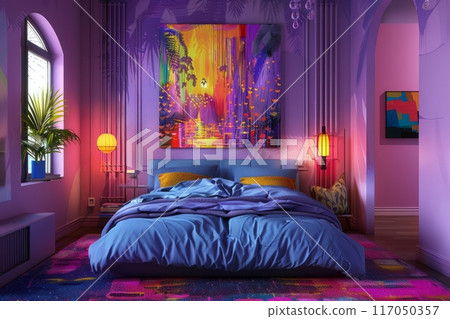 Vibrant Bedroom Design Featuring Colorful Art and Cozy Furnishings at Twilight 117050357
