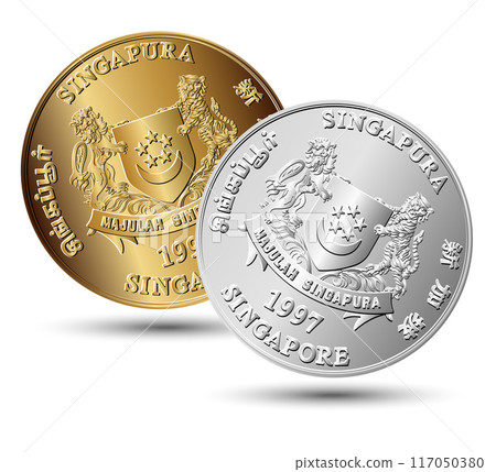 Obverse of Golden and silver Singapore cents coins. Translation: "Singapore". Vector. Obverse of Golden and silver Singapore cents coins. Translation: "Singapore". Vector. 117050380