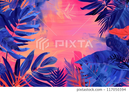 Tropical foliage against the backdrop of light sea waves 117050394