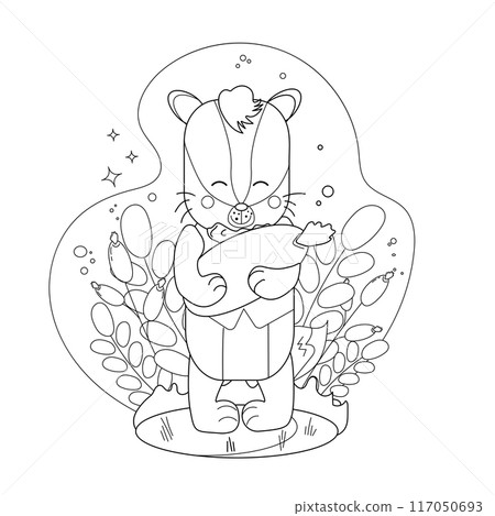 Childrens drawings coloring page. Cute cartoon badger holding a wild berry in the middle of the forest. Vector. 117050693