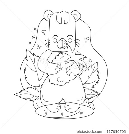 Childrens drawings coloring page. Cute cartoon bear holding raspberries in a lush garden. Vector. 117050703