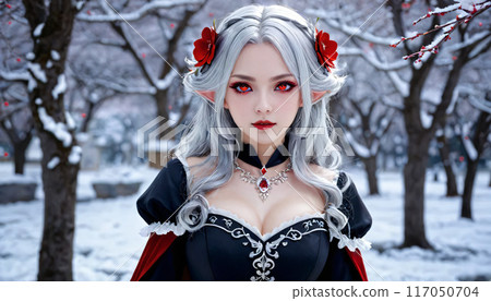Red-eyed woman in snowy mountains 117050704