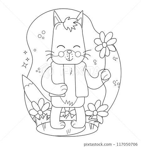 Childrens drawings coloring page. Happy wolf holding a flower surrounded by colorful flowers in a joyful outdoor setting 117050706