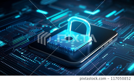 Smartphone with Illuminated Padlock Icon on Circuit Board Background Ai generated 117050852
