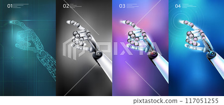 Steel robotic versions of hands in virtual background space. Steel robotic versions of hands in virtual background space. 117051255
