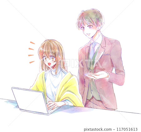 一名男子正在教導操作電腦的女子 117051613