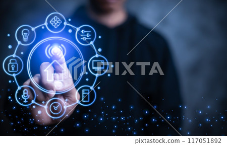 smart home automation concept, Circular futuristic interface of smart home automation assistant on a virtual screen and a user touching a button 117051892