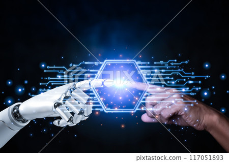 Hands of robot and human touching on big data network connection, Data exchange, deep learning, Science and artificial intelligence technology, innovation of futuristic, AI, Machine learning 117051893