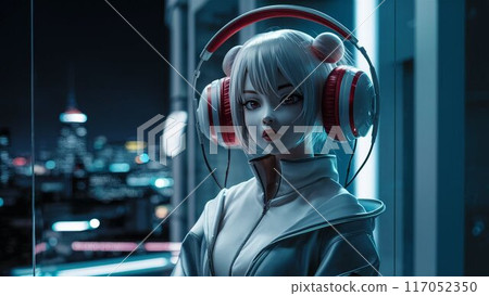 戴著耳機和城市夜景的未來網路女孩 117052350