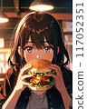 Girl confused by oversized hamburger 117052351