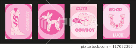 Postcard or poster in pink colors with a cowboy hat, cowgirl howdy party. Vector graphics. Postcard or poster in pink colors with a cowboy hat, cowgirl howdy party. Vector graphics. 117052393