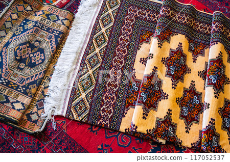 luxury oriental handmade persian Turkish carpets at bazaar in Turkey in Istanbul luxury oriental handmade persian Turkish carpets at bazaar in Turkey in Istanbul 117052537