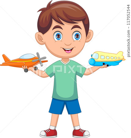 little boy playing with toy airplane 117052544