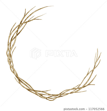 Botanical Wreath with twigs and branches watercolor illustration. Frame with twisted plants for autumn Invitations and greeting cards on isolated background. Circular border for fall postcards design. Botanical Wreath with twigs and branches watercolor illustration. Frame with twisted plants for autumn Invitations and greeting cards on isolated background. Circular border for fall postcards design. 117052566