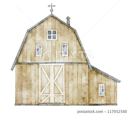 Watercolor Illustration of Rustic Barn with Vane Made of Wood and Metal Elements on isolated background. Drawing of old vintage Farm House in pastel colors for countryside design and harvest festival. 117052580