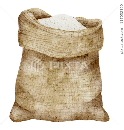 Sack of Flour watercolor illustration. Drawing of burlap bag whole of cereal grain on isolated background on isolated background. Ingredient for pastry and bakery. Sketch for product label. 117052590