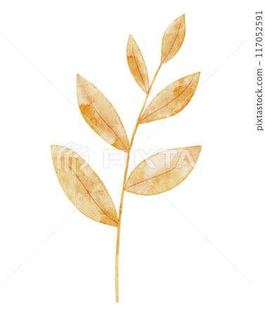 Autumn branch with yellow and orange leaves on isolated background. Drawing of fall plant for harvest festival invitations or seasonal greeting cards. Botanical element for rustic design. 117052591