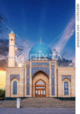 medieval Islamic mosque Hazrati Imam in Tashkent in Uzbekistan. Architectural complex Khast Imom medieval Islamic mosque Hazrati Imam in Tashkent in Uzbekistan. Architectural complex Khast Imom 117052896