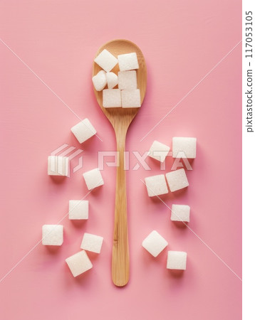 A spoonful of sugar cubes is on a pink background 117053105