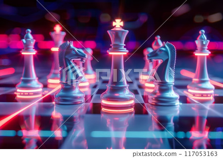 chess pieces stand on a glossy chessboard with neon lighting 117053163
