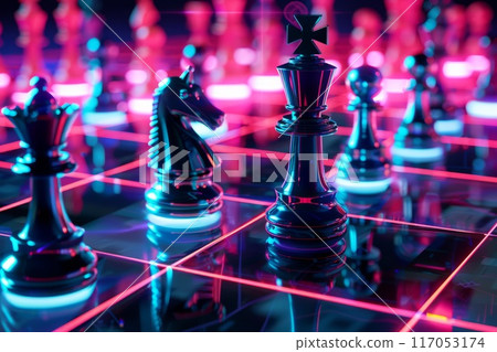 chess pieces stand on a glossy chessboard with neon illuminated outlines of the cells 117053174