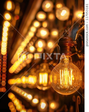 A series of light bulbs are lit up in a room 117053181