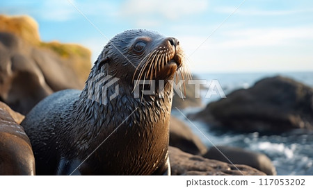 A seal is standing on a rock near the ocean 117053202