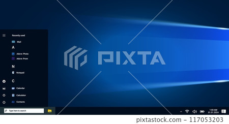 Operating system window in blue dark style with start menu and system programs. 117053203