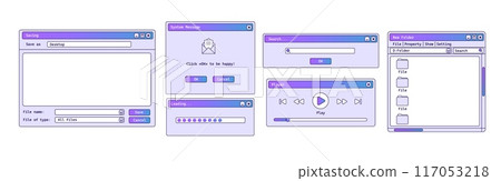 Set of old windows with gradient. Purple music player on computer. Set of old windows with gradient. Purple music player on computer. 117053218