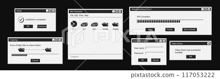 Set of digital message in black style. Old dark computer windows. 117053222
