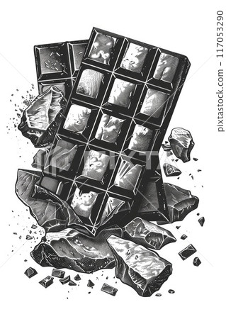 A chocolate bar is crushed into pieces and scattered on the ground 117053290