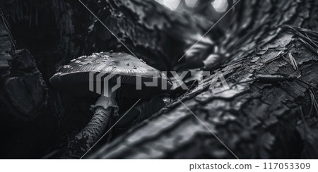 A mushroom is on a log in the woods A mushroom is on a log in the woods 117053309