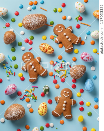A blue background with a variety of colorful candies and cookies 117053322