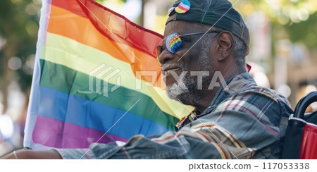 A man wearing sunglasses and a hat is holding a rainbow flag A man wearing sunglasses and a hat is holding a rainbow flag 117053338