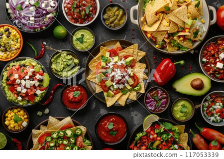 A table full of Mexican food with many different dishes and bowls 117053339