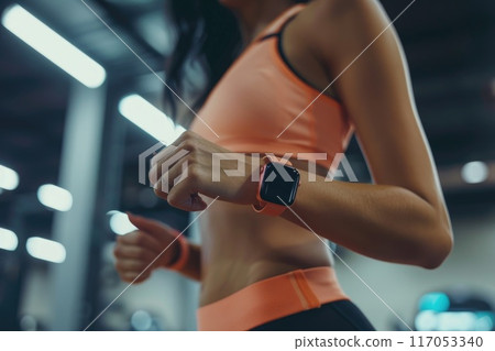 A woman wearing an orange tank top and black pants is wearing a smart watch A woman wearing an orange tank top and black pants is wearing a smart watch 117053340
