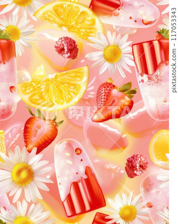 A colorful image of fruit and ice cream, with a pink background 117053343