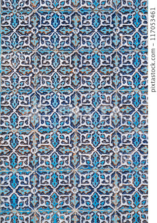wall of ancient Muslim mosque Hazrati Imam is decorated with ceramic tiles with traditional oriental Uzbek ornament and Islamic pattern in Uzbekistan 117053461