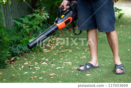 Cordless Leaf Blowers. handheld, cordless, electric leaf blower in a garden, . Autumn Cordless Leaf Blowers. handheld, cordless, electric leaf blower in a garden, . Autumn 117053609
