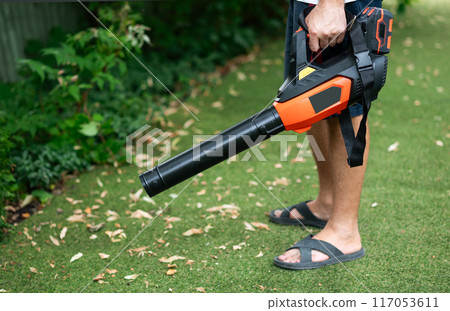 Cordless Leaf Blowers. handheld, cordless, electric leaf blower in a garden, . Autumn 117053611