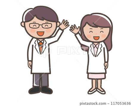 Full-body illustration of a male and female doctor (nurse) smiling and raising their hands to greet 117053636