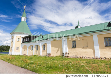 Exterior of Valday Iversky Monastery, Russia. Stone wall Exterior of Valday Iversky Monastery, Russia. Stone wall 117053671