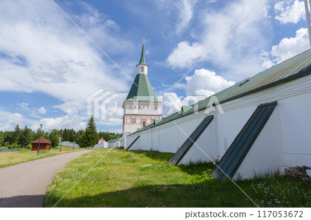 Landscape photo with Valday Iversky Monastery, Russia. Stone wall Landscape photo with Valday Iversky Monastery, Russia. Stone wall 117053672