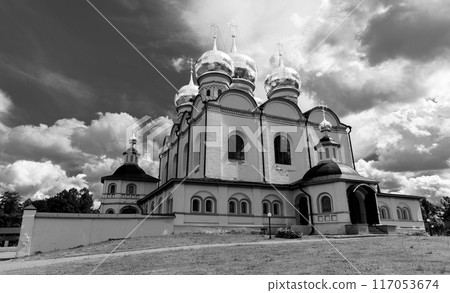 Assumption Cathedral of the Iversky Monastery, black and white 117053674